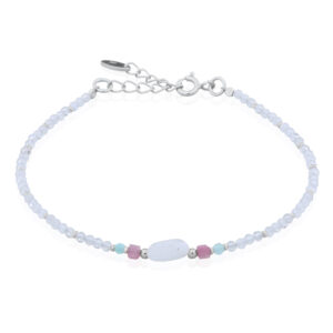 A rainbow moonstone oval charm with tourmaline and amazonite silver bracelet