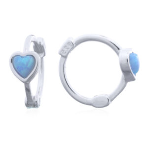 A pair of mini heart blue opal 925 sterling silver huggie earrings