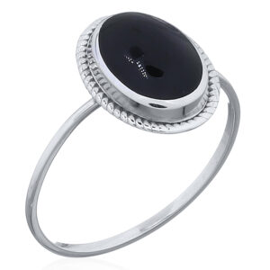 A 925 sterling silver rope edge oval black stone ring