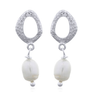 A pair of hammered 925 silver stud earrings with hanging freshwater pearls