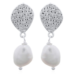 A pair of hammered pebble-shaped 925 silver studs with hanging pearl