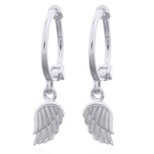 A pair of tiny angel wing 925 sterling silver huggie earrings