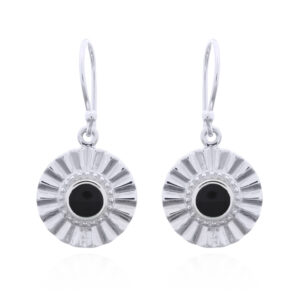 A pair of 925 silver dangle earrings with black stone sun beam design