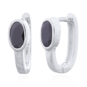 A pair of silver hoops embedded faceted oval black cz