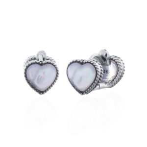 A pair of double heart rope frame mop sterling silver huggies