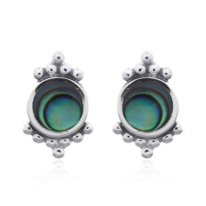 A pair of boho style silver dotted abalone shell minimalist studs