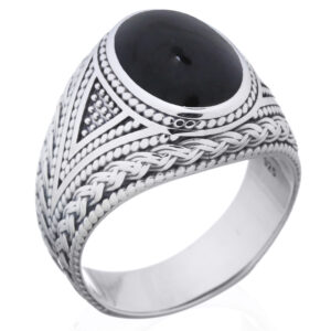 A 925 silver turkish inspired oval black agate men's thumb ring