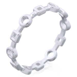 A unique geometric open circle and square row 925 silver band ring