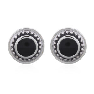 A pair of minimalist black stone 925 silver button stud earrings
