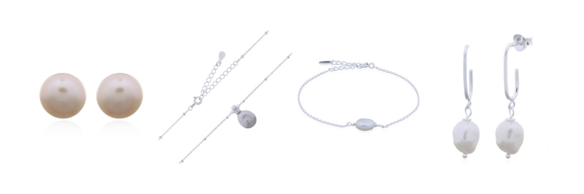 Freshwater Pearl stud earrings, necklace, bracelet and stud earrings with pearl drop  in a row.