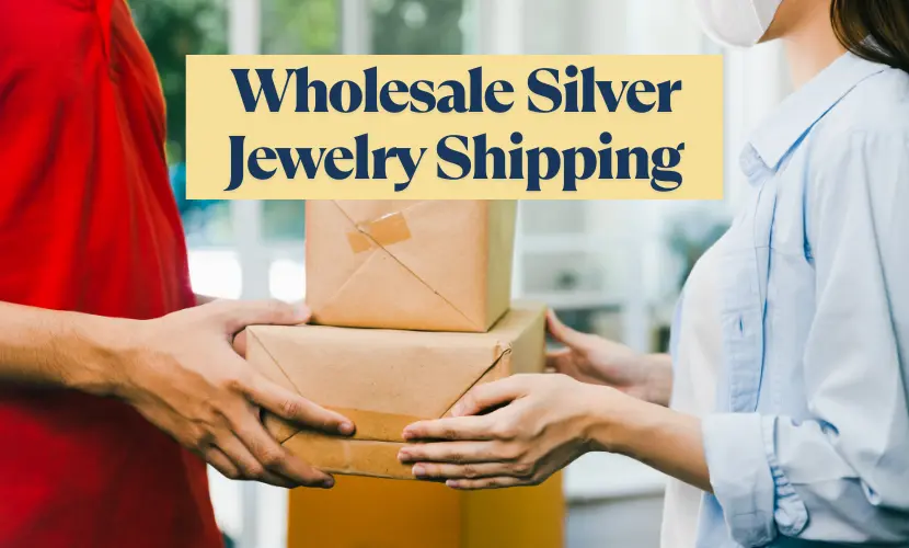 A male in red shirt is handing 2 packages to a woman, a caption says wholesale silver jewelry shipping in a mustard color box