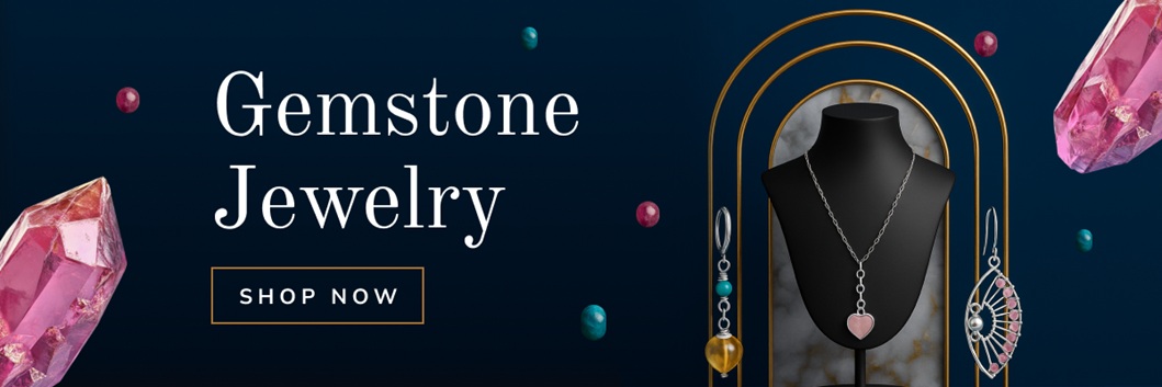 Daark navy blue rectangular imagewith the text Gemstone jewelry. Two large pink crystals show on the left and right edges. A jewelry display shows silver jewelry with gemstones.