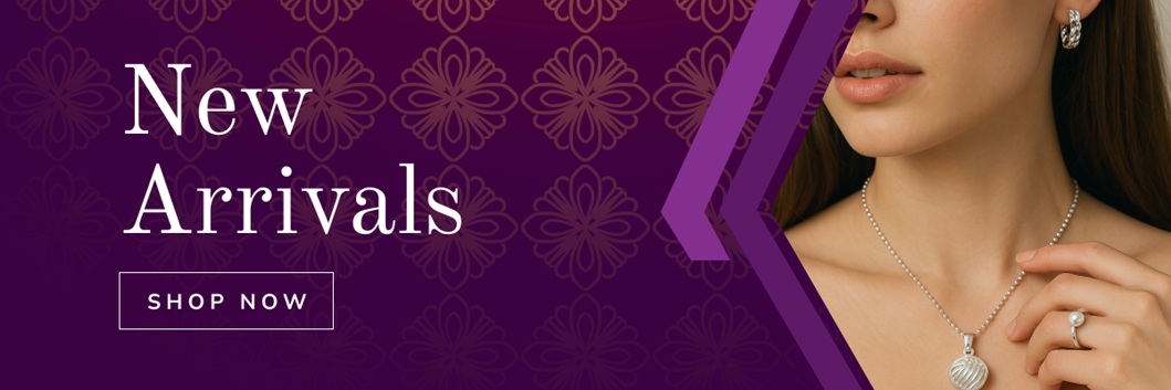 Violet banner image with the text New Arrivals and a model bust on the right wearing silver earrings, pendant and ring.