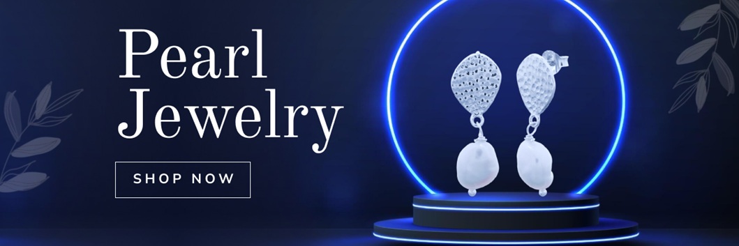 Dark blue regtangular banner with white text Pearl Jewelry and a pair of silver earrings with pearls to the right, on a pedestal, surrounded by a blue laser halo.