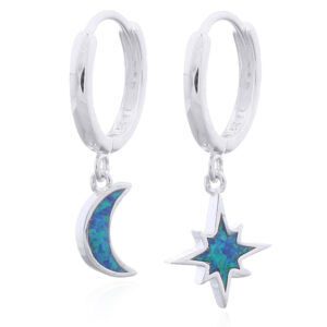 Silver Hoops with Blue Opal Moon and Star