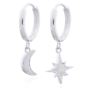 Sterling Silver Hoops with White Opal Moon and Star