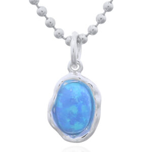 Oval Blue Synthetic Opal On Organic Shape Setting Silver Pendant
