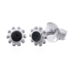 Sterling Silver Bali Flower Black Stone Stud Earrings