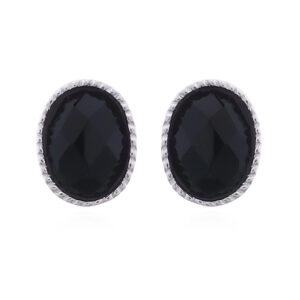 Oval Black Agate 925 Silver Bezel Stud Earrings