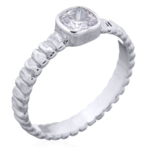 Cubic Zirconia Bezel Silver Ring with Texture
