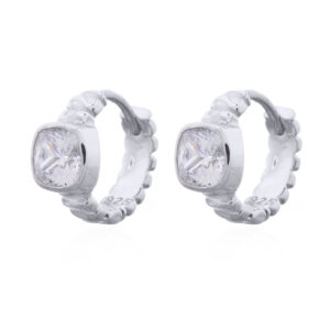 Bezel CZ Grainy Hoop Silver Earrings