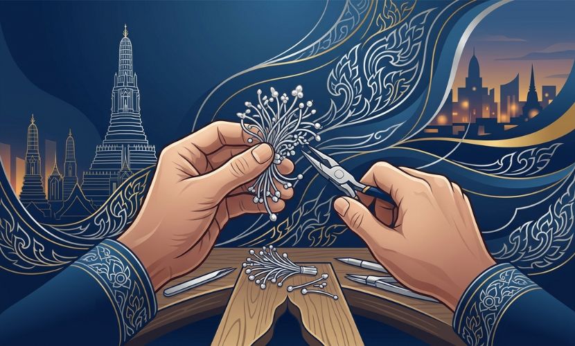 An ornate blue and gold graphic illustration from "Why Thailand is the Global Hub.jpg" showing two hands using jewelry pliers on an elaborate silver and pearl filigree object, framed by traditional Thai pattern swirls with the Wat Arun temple on the left and a modern Bangkok city skyline at dusk on the right.